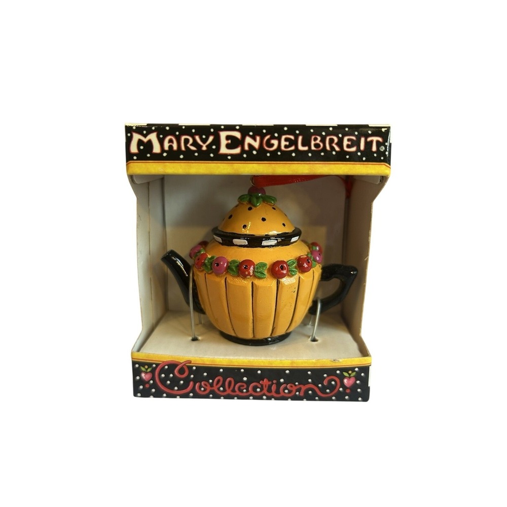 Mary Engelbreit Teapot Miniature Ornament Yellow Cherry Orchard Resin Boxed